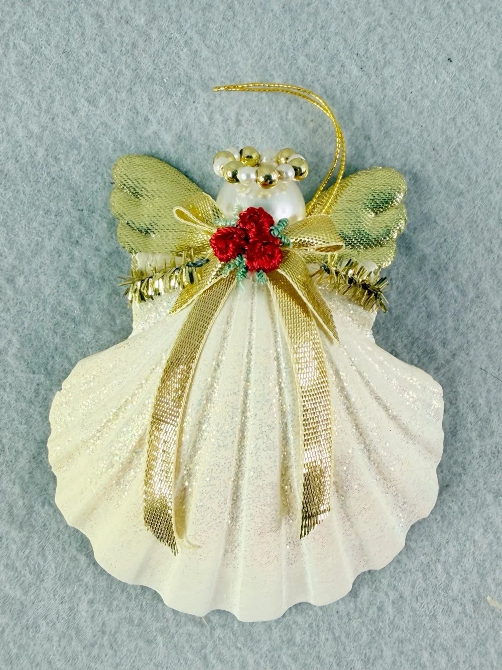 Vintage Handmade Glitter Angel Ornament Made With Real Sea Shell